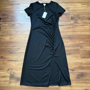 A New Day Women’s Side Ruched Dress Short Sleeve Midi Black Size Medium NWT